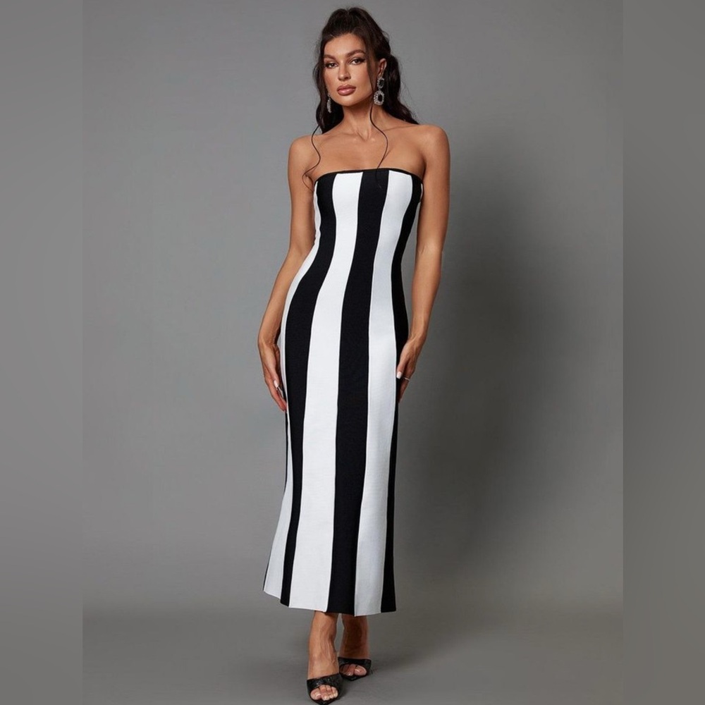 Strapless Black & White Vertical Stripe Midi Dress